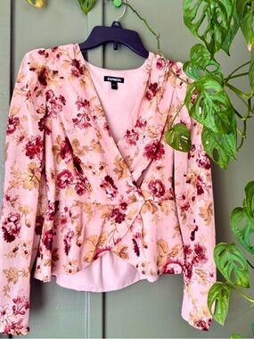 Express Blush Floral Wrap Top with Gold Accents